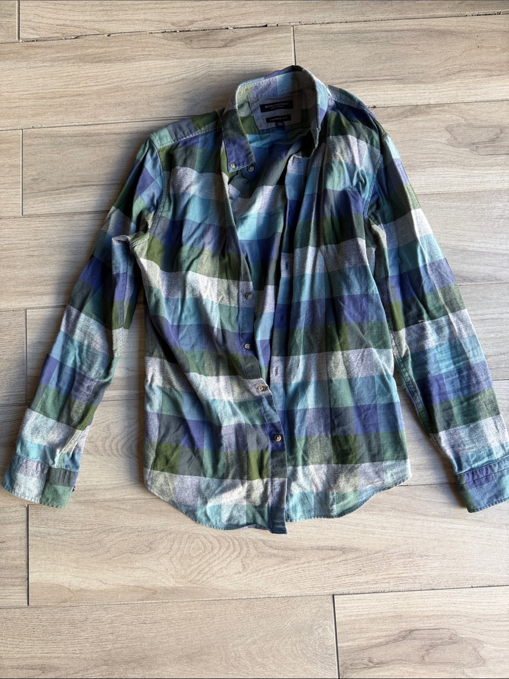 Banana Republic Camden Fit Plaid Shirt in Blue, Green & Cream